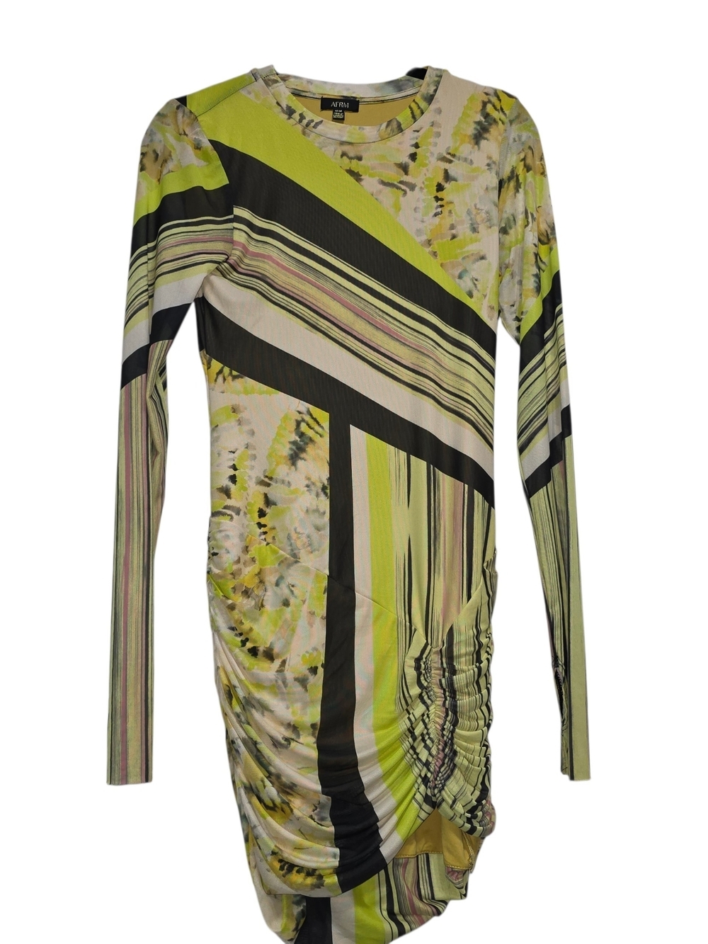 AFRM Mirza Mesh Ruched Bodycon Mini Dress Abstract Print Long Sleeve Size M - Picture 2 of 13